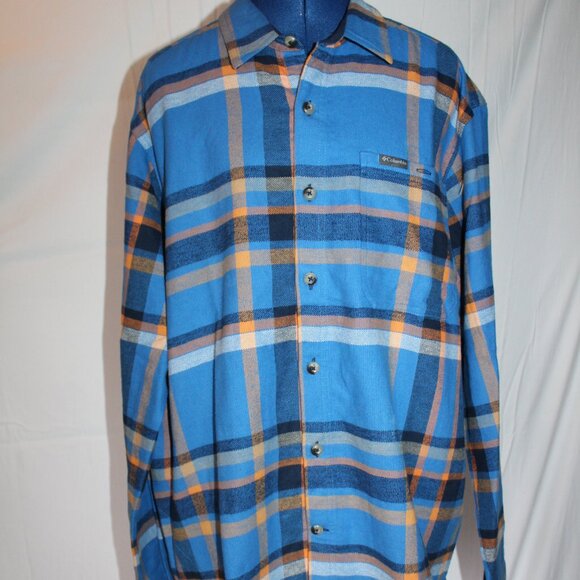 Columbia Mens Large Button Up Pitchstone Heavyweight Flannel Shirt-Bright Indigo - Picture 2 of 10